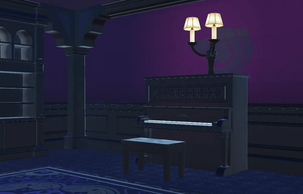 A piano and wall lighting inside the haunted house