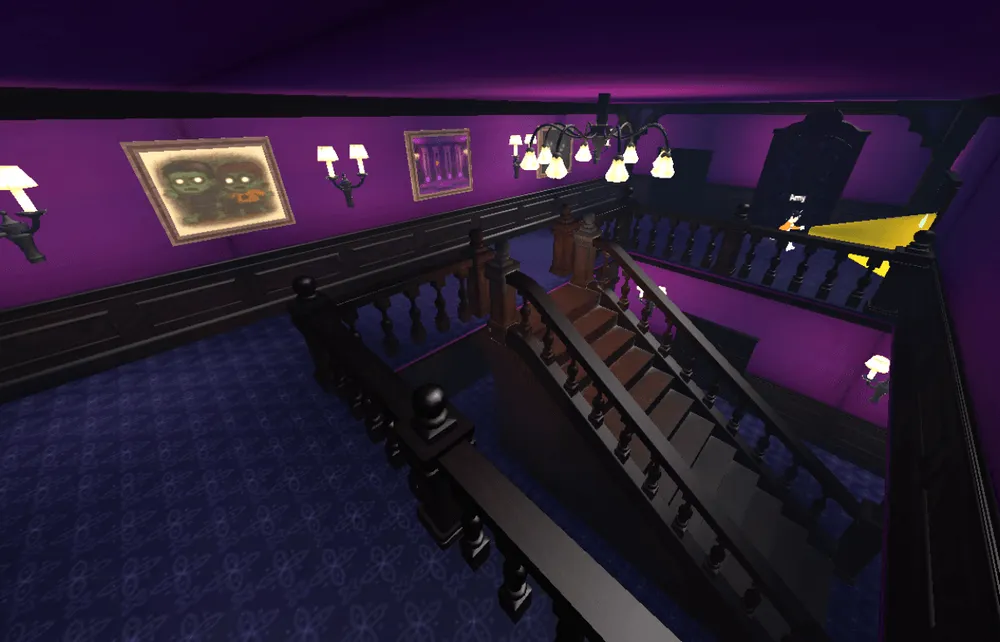 The haunted house interior with a staircase and upper corridor