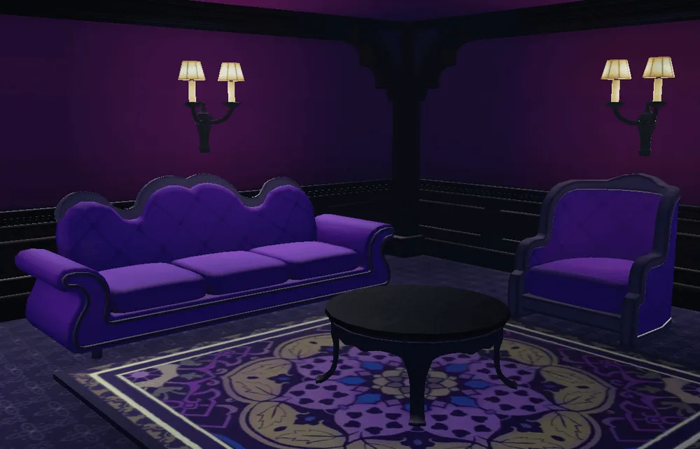 The haunted house living room with purple seating and a table