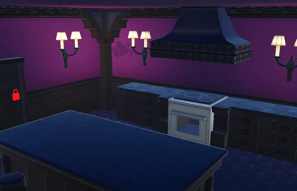 An exploration area with a locked door and kitchen furniture