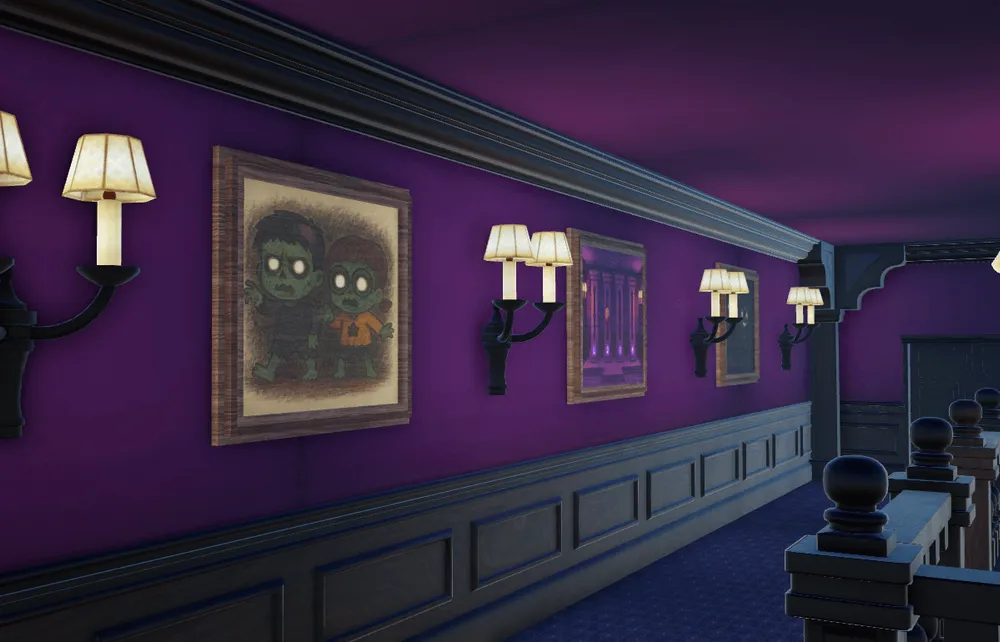A corridor lined with character portraits and wall lights