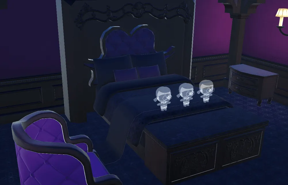 A puzzle room with translucent characters above the bed