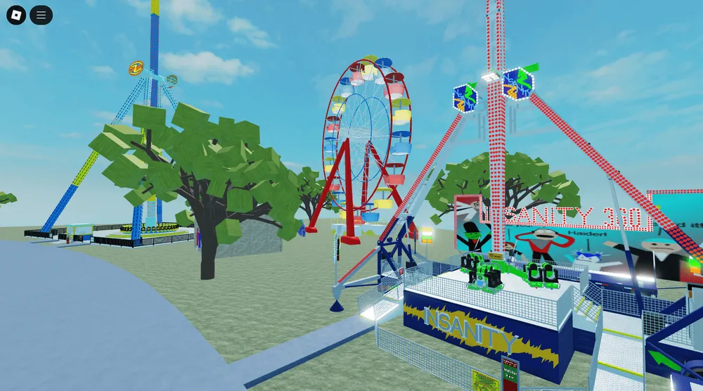 A virtual amusement park with a Ferris wheel and rides