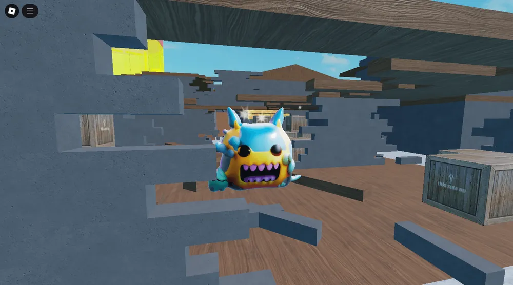 A character among wooden platforms and crates