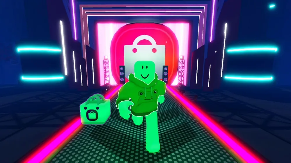 An avatar carrying a shopping bag on the pink and cyan runway