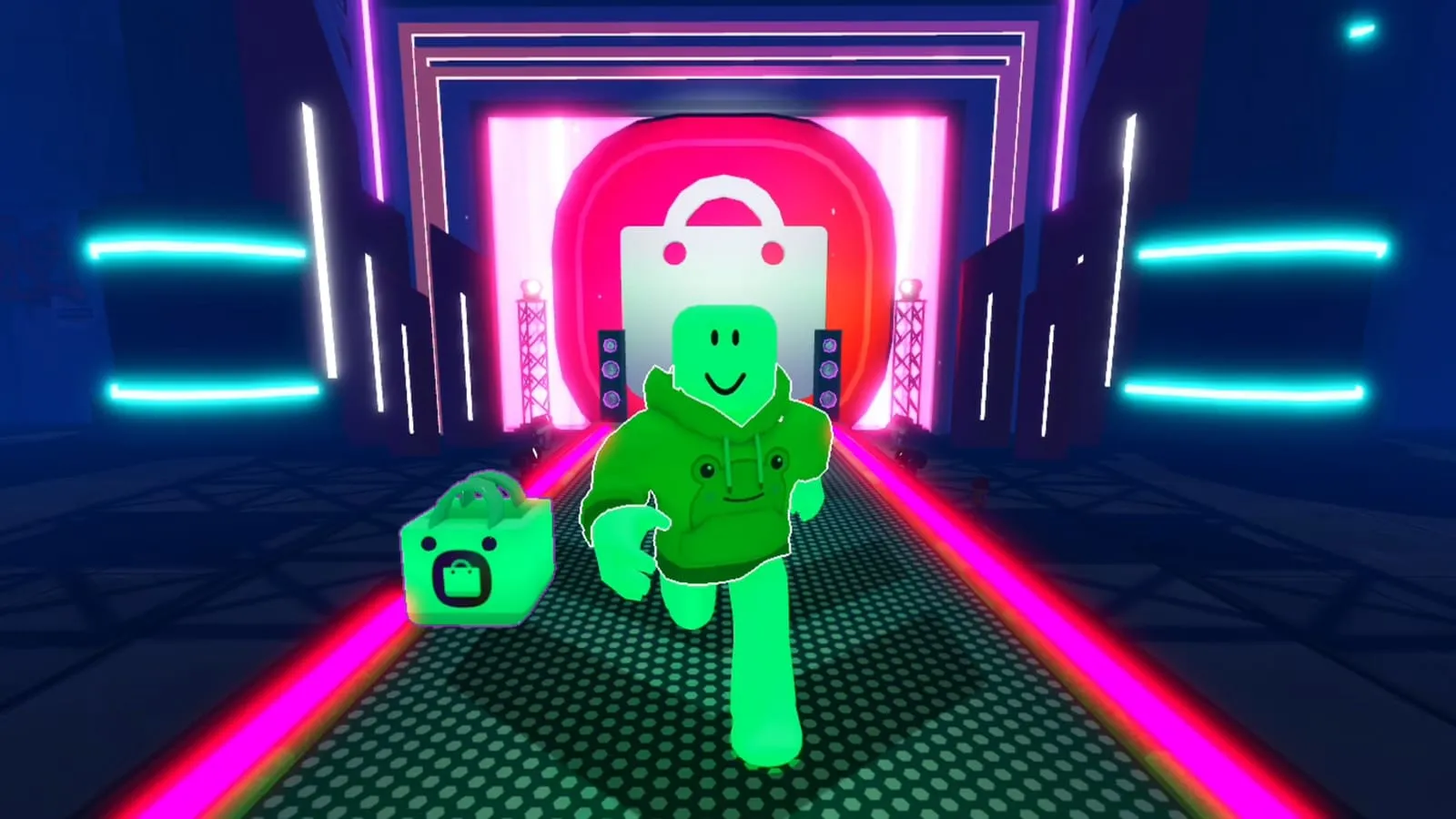 An avatar wearing UGC items on the Catch the Drop runway