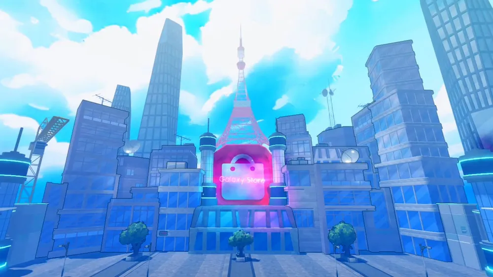 Galaxy Store signage and a pink tower in the city
